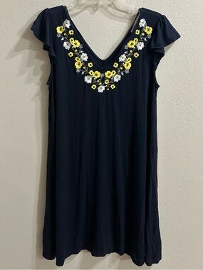Loft Sundress Size M Embroidered Super Soft Jersey Knit Blue Casual Feminine